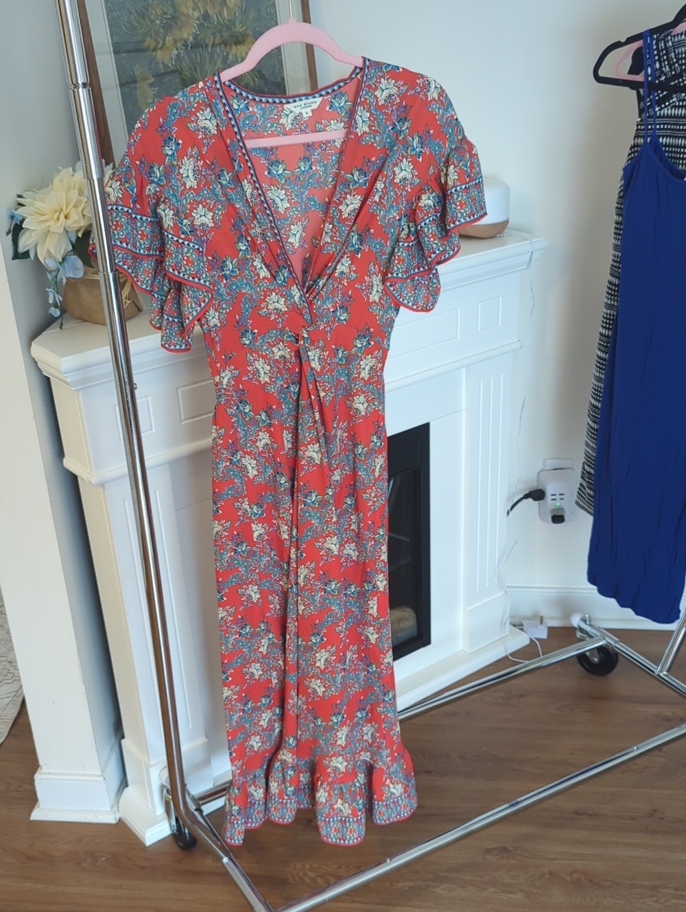 Floral Ruffle-Sleeve Jumpsuit in Coral - Unknown Brand